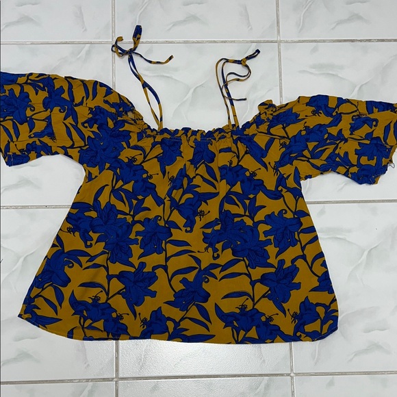 Charming Charlie Tops - Charming Charlie Mustard and Blue Floral Blouse